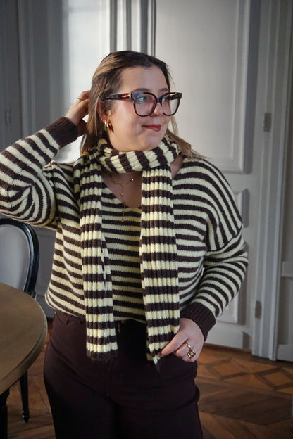 Pull rayé et écharpe jaune et marron