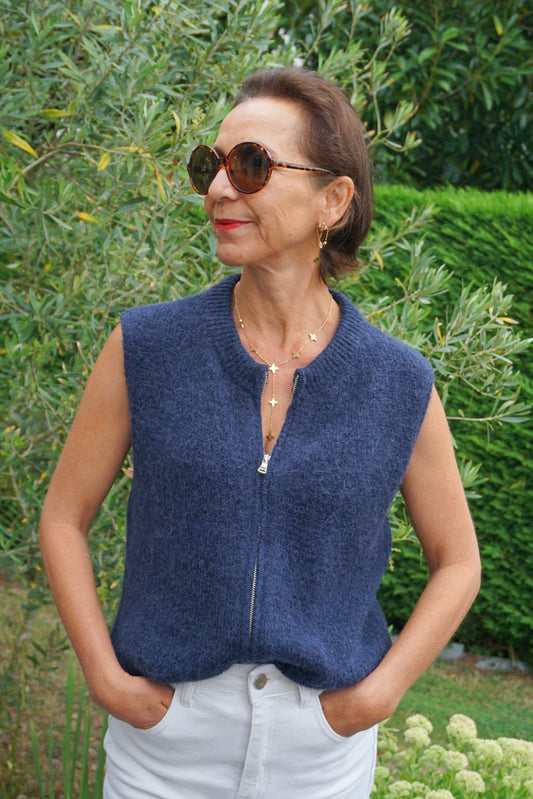 Pull sans manches alpaga zippé bleu marine