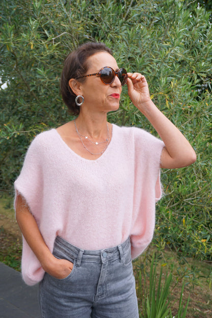 Pull rose alpaga manches courtes
