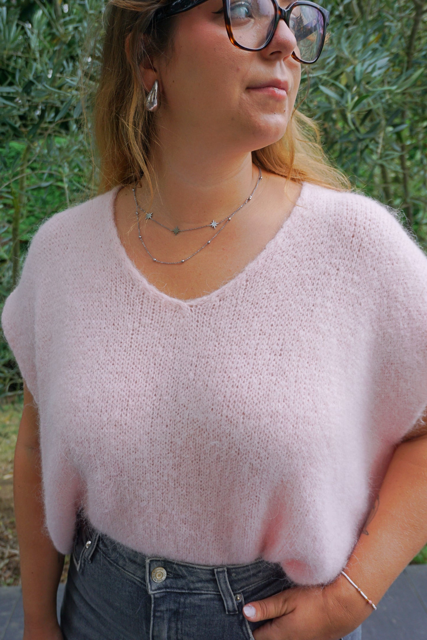 Pull rose alpaga manches courtes