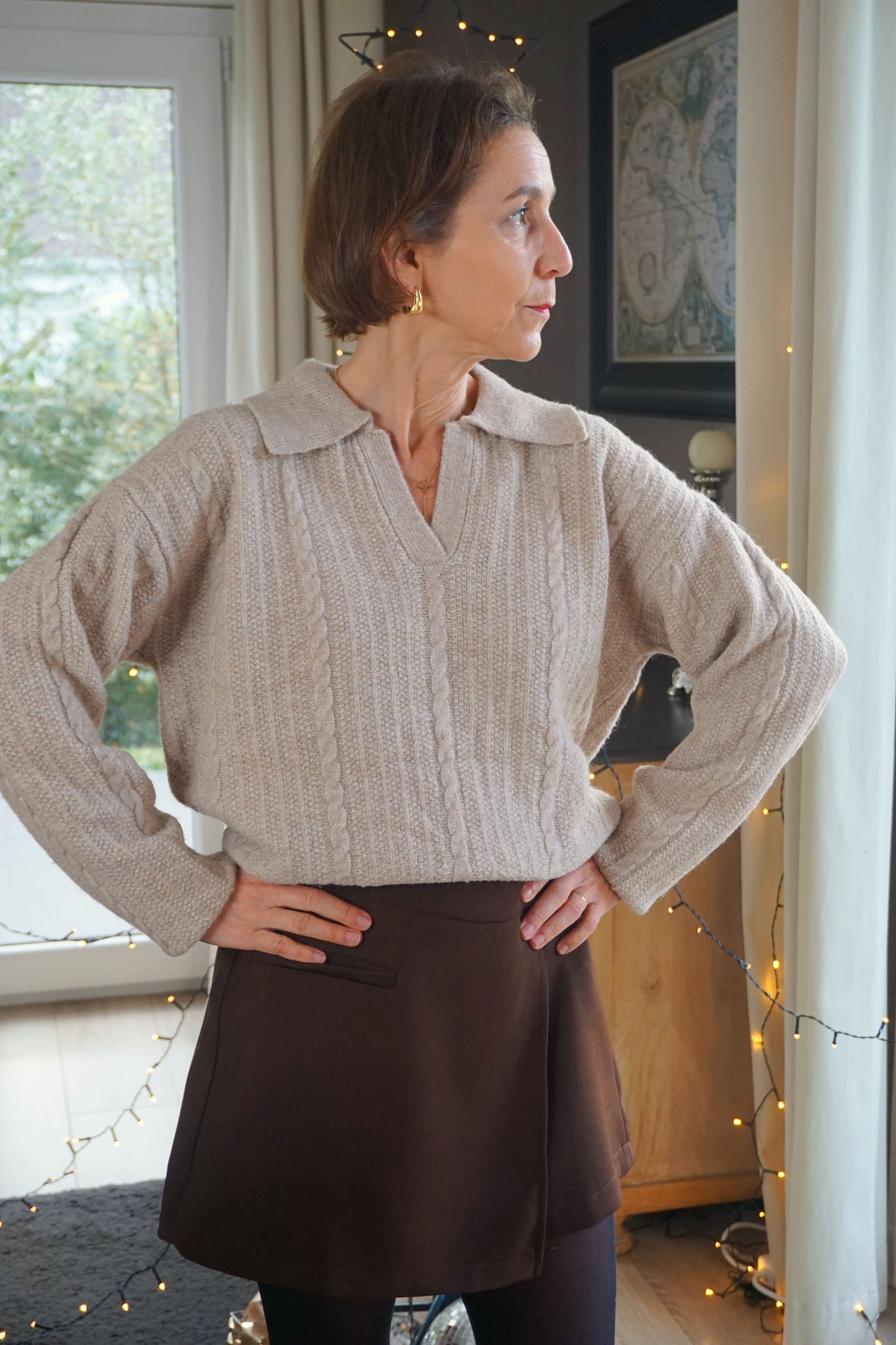 Pull tricot col V beige
