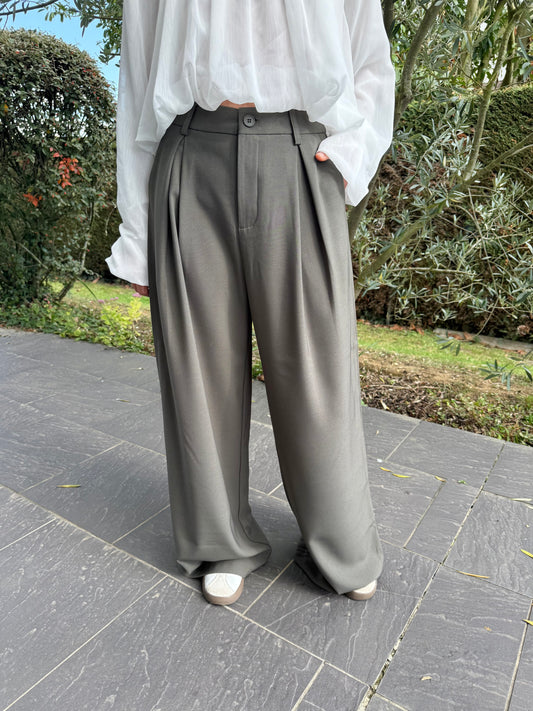 Pantalon tailleur kaki wide leg