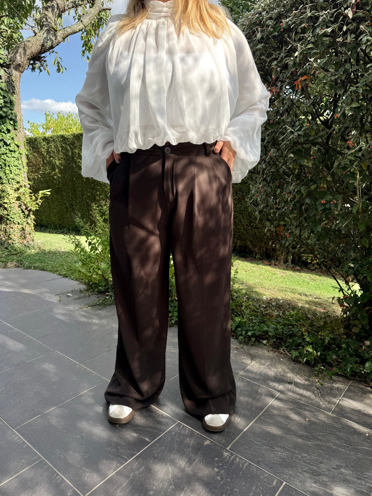 Pantalon tailleur marron wide leg
