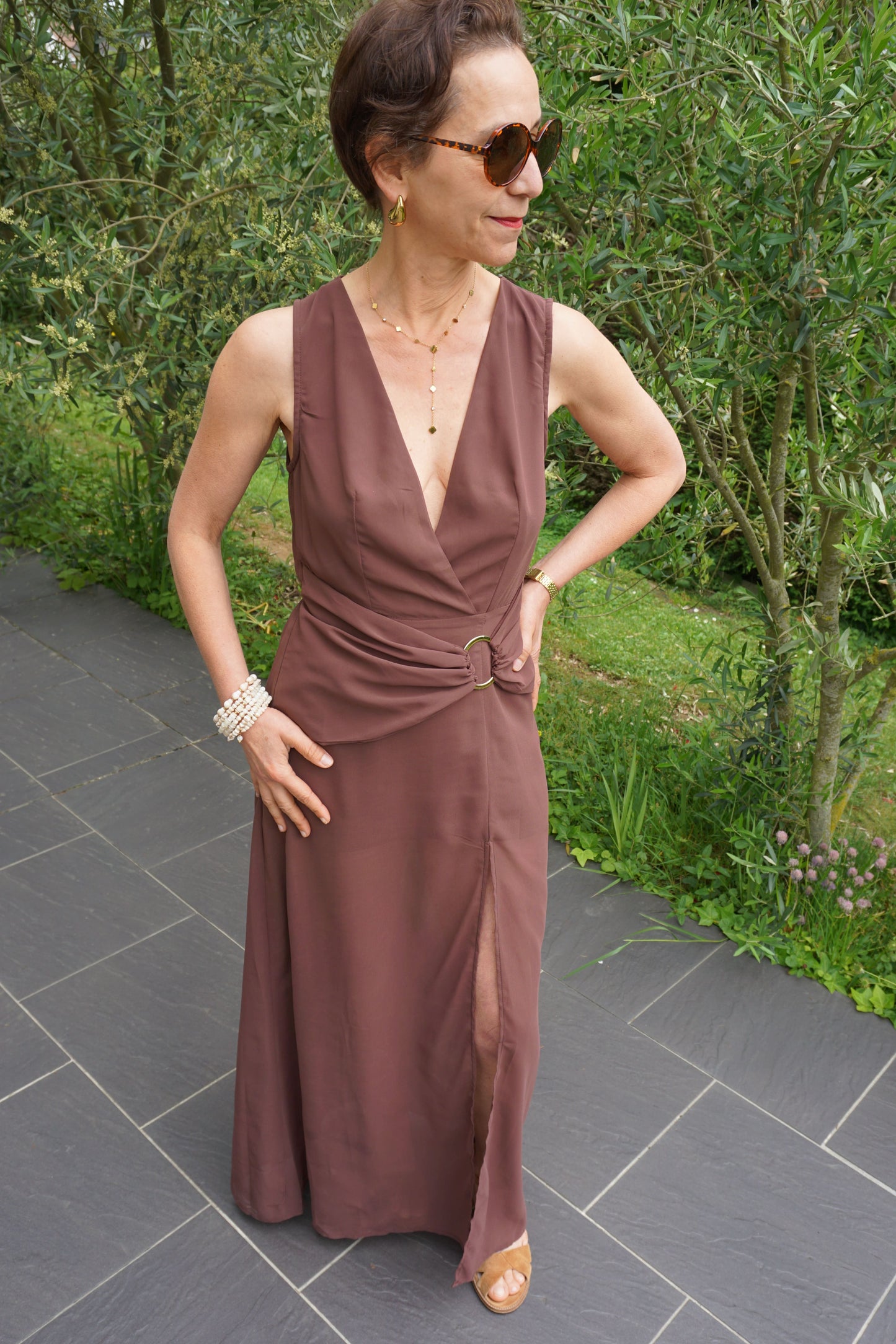 Robe asymétique drapée marron soie
