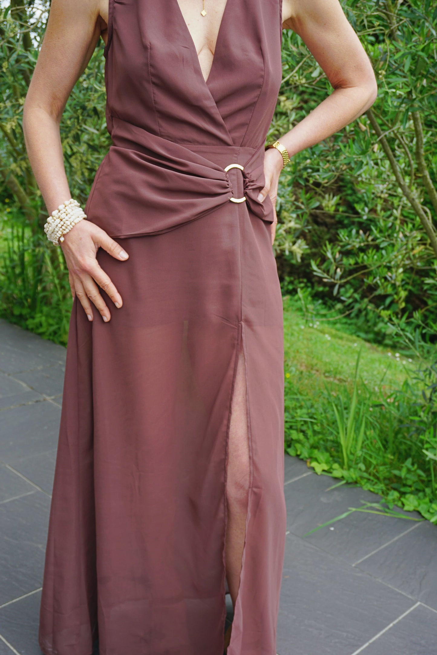 Robe asymétique drapée marron soie