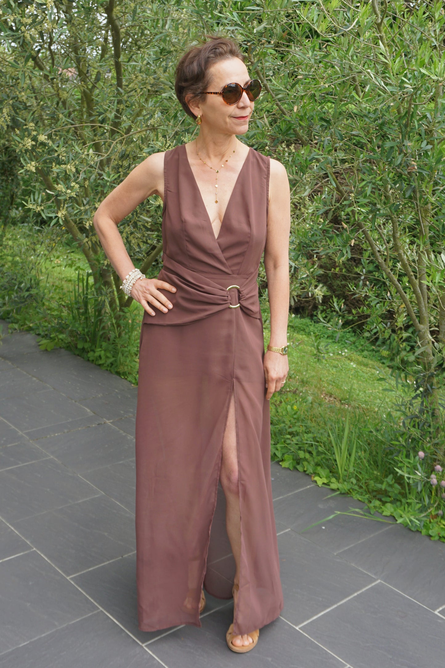 Robe asymétique drapée marron soie