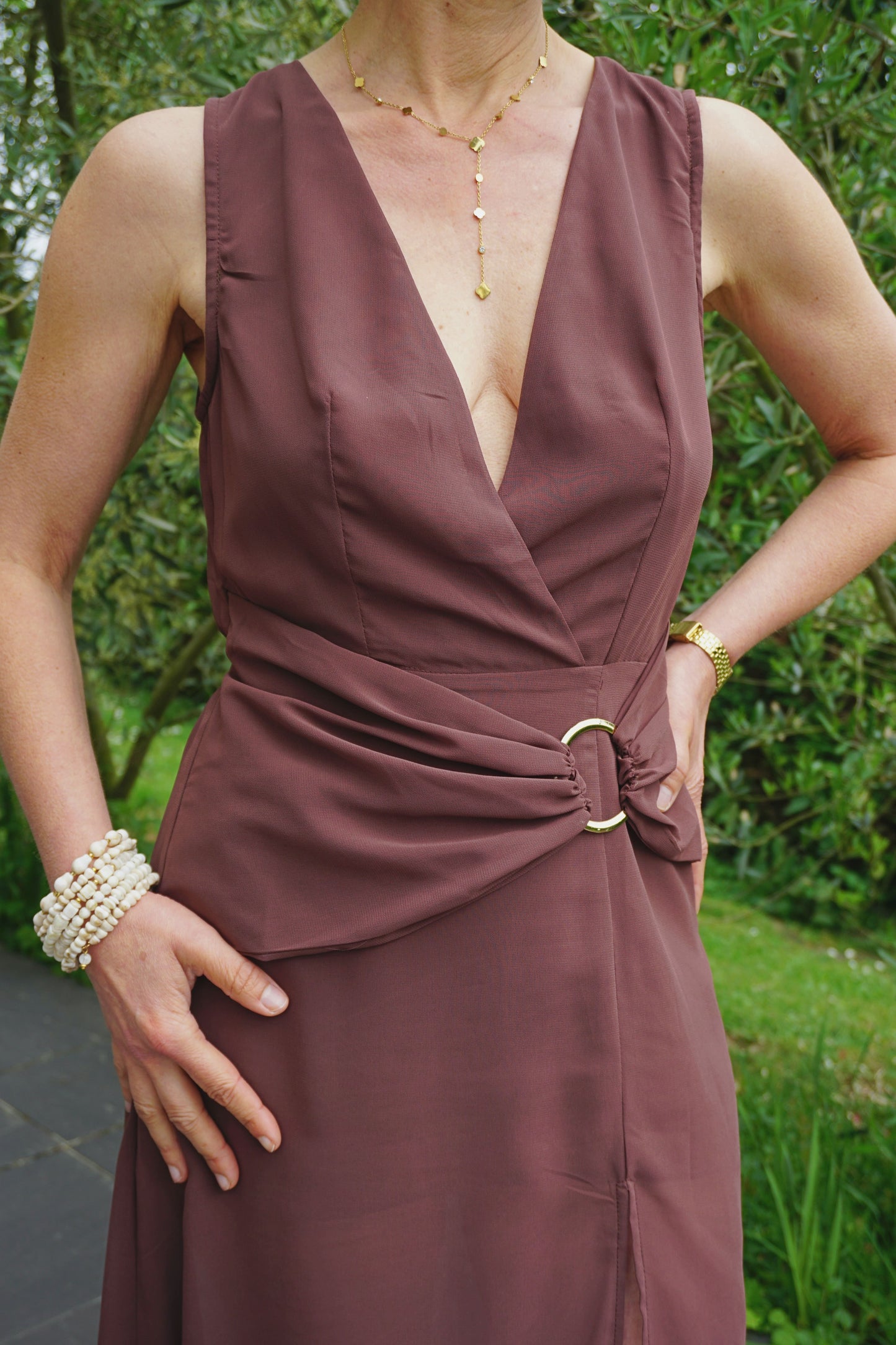 Robe asymétique drapée marron soie