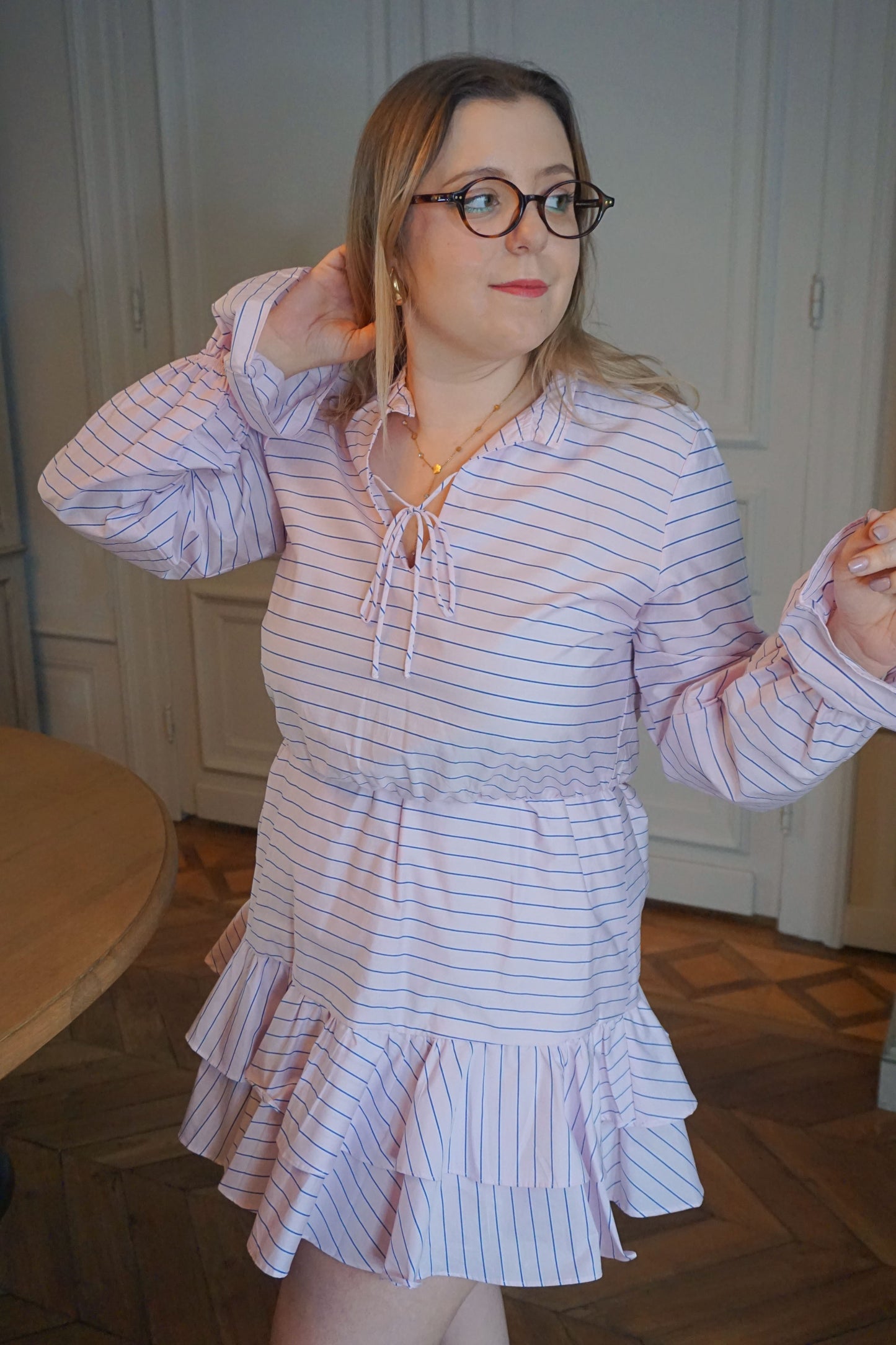 Robe à volants rose rayée coton