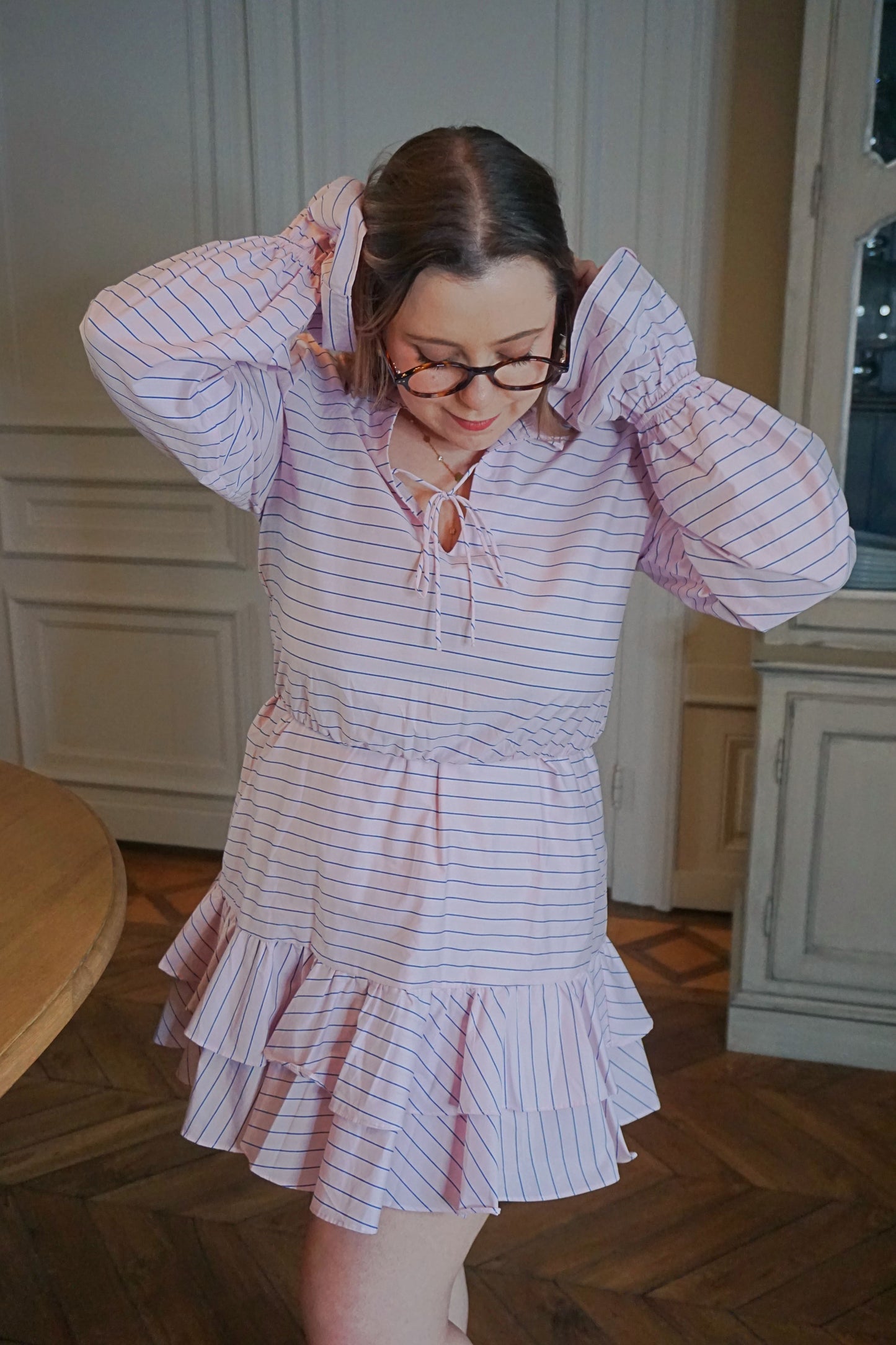 Robe à volants rose rayée coton