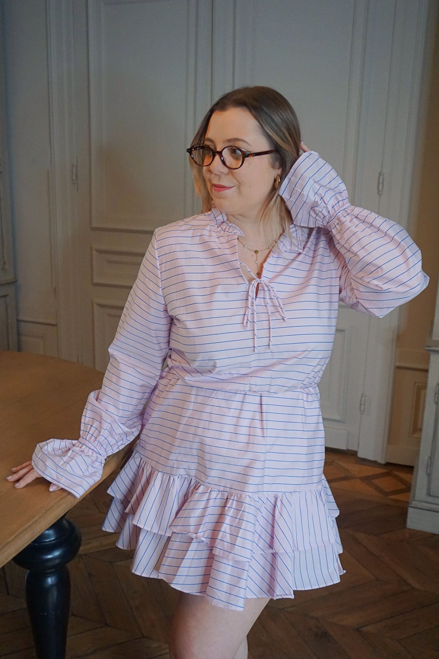 Robe à volants rose rayée coton