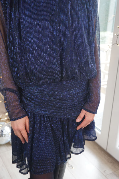 Robe drapée bleue à liseré paillettes