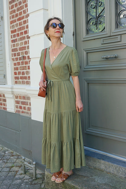 Robe longue verte kaki volants avec lin
