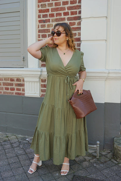 Robe longue verte kaki volants avec lin