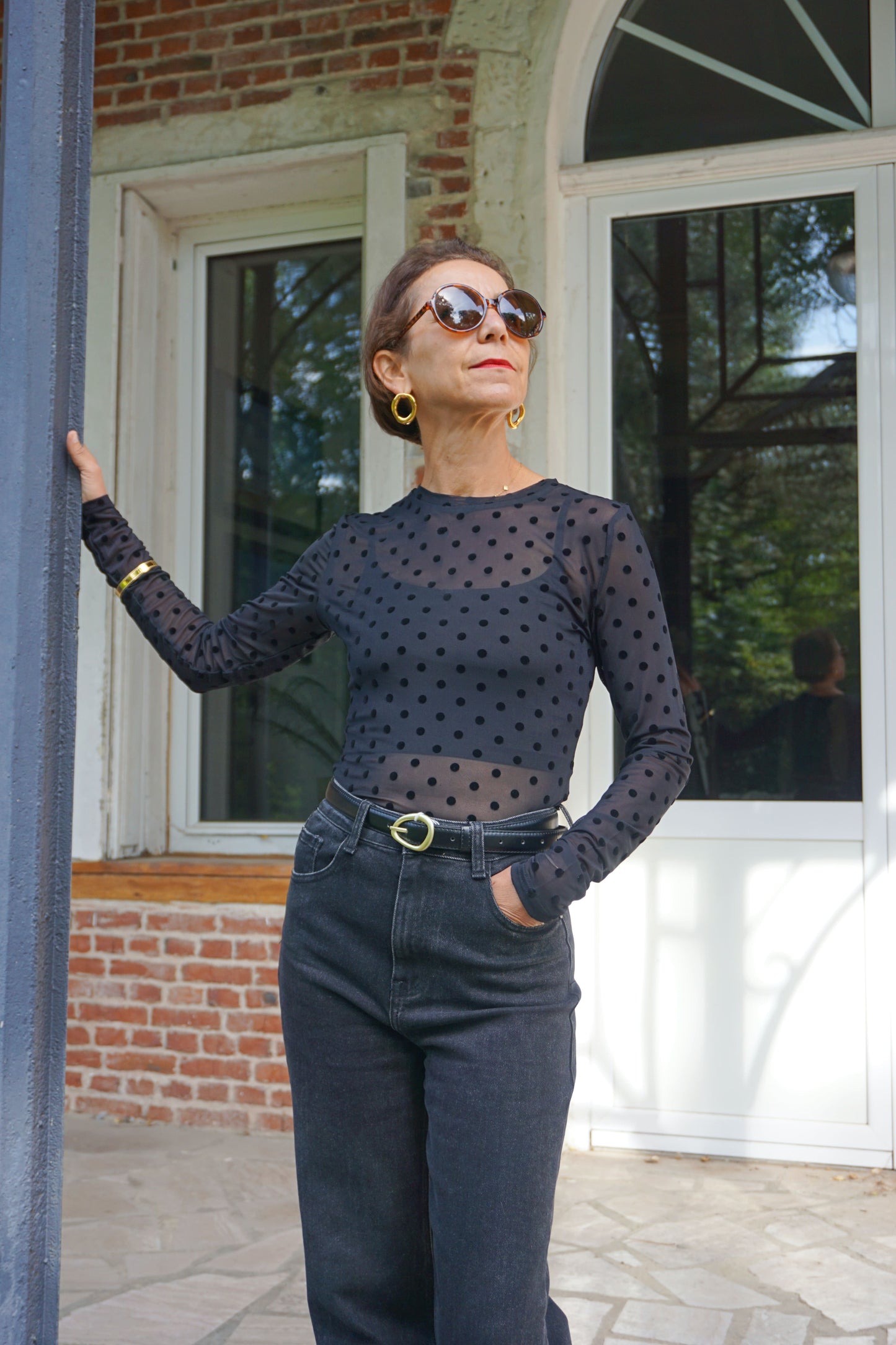 Top transparent noir à pois
