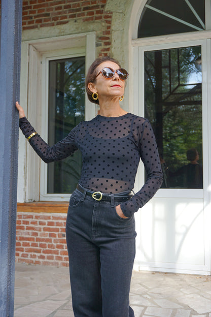 Top transparent noir à pois