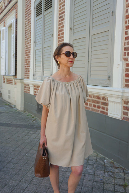 Robe taupe ballon courte avec lin