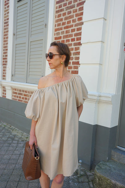 Robe taupe ballon courte avec lin