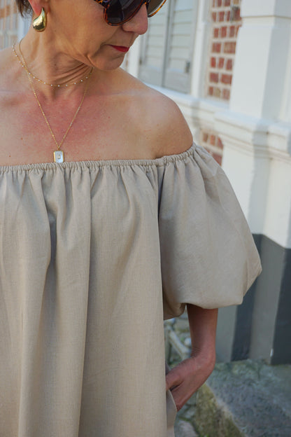 Robe taupe ballon courte avec lin