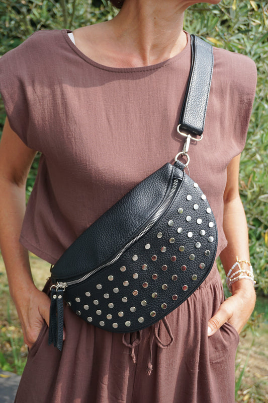 Sac banane noir similicuir clouté