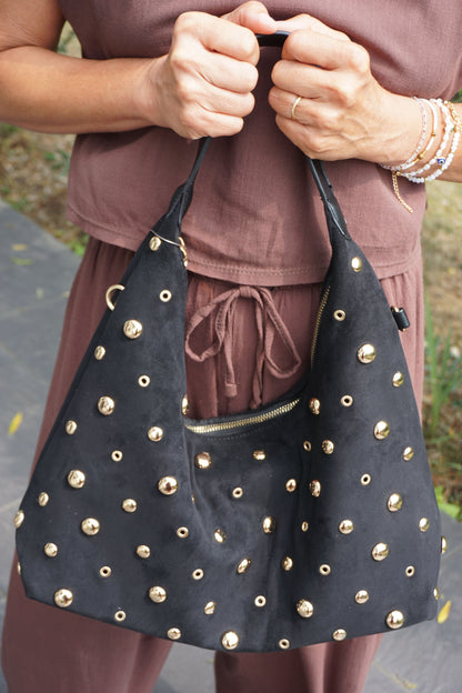Sac noir épaule effet daim clouté