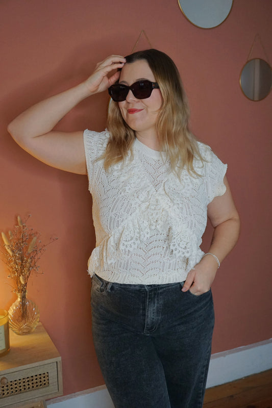 Tee-shirt bohème crochet dentelle crème