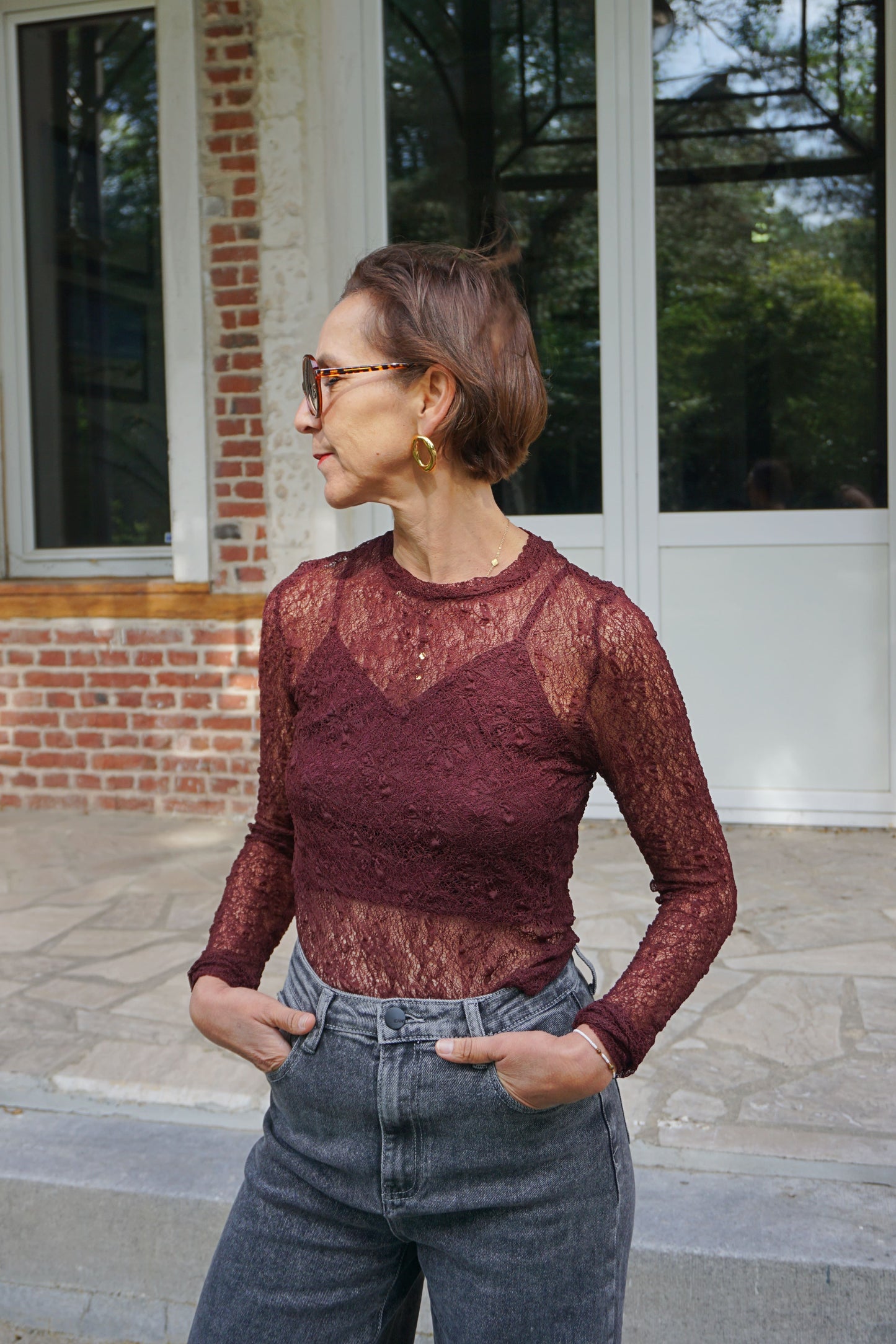 Top aubergine dentelle avec doublure
