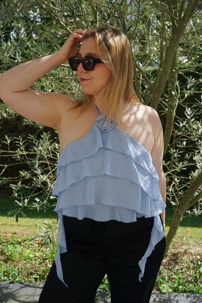 Top à volants bleu fleur