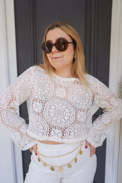 Top crochet crème manches évasées