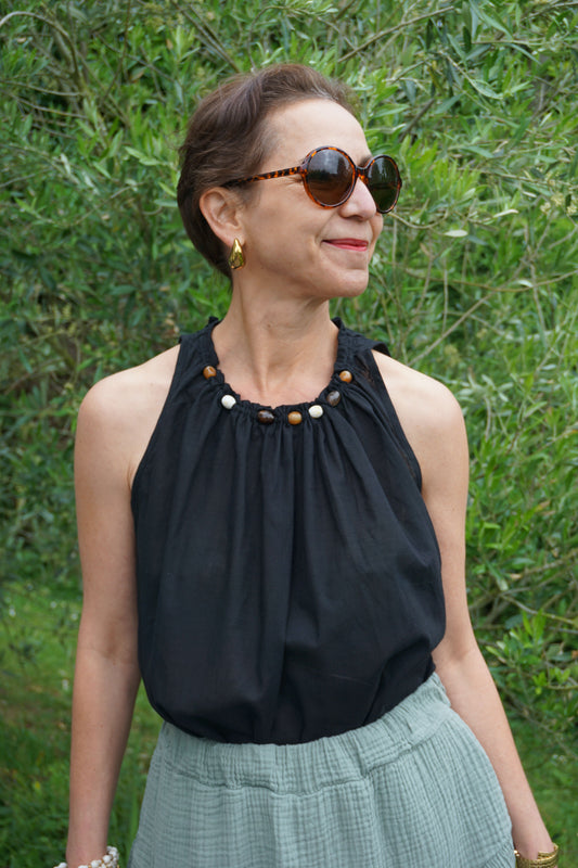 Top débardeur noir coton perles résines