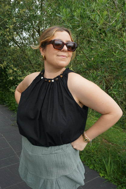 Top débardeur noir coton perles résines
