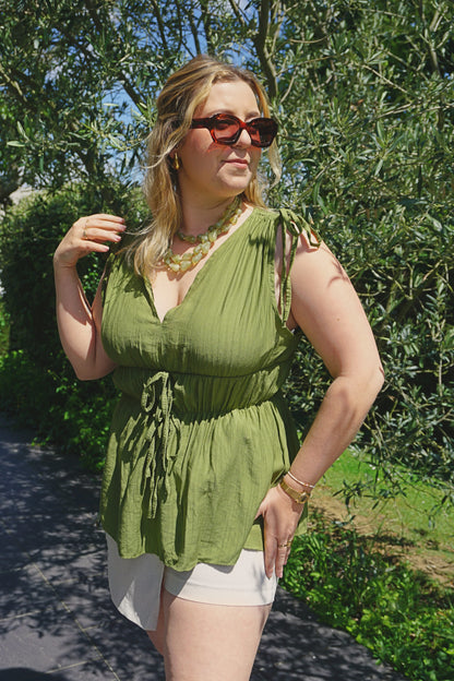 Top fluide smocké vert olive