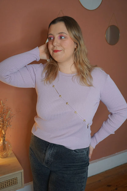 Top longsleeve lilas boutons palmiers dorés