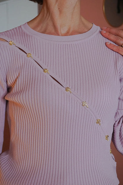 Top longsleeve lilas boutons palmiers dorés