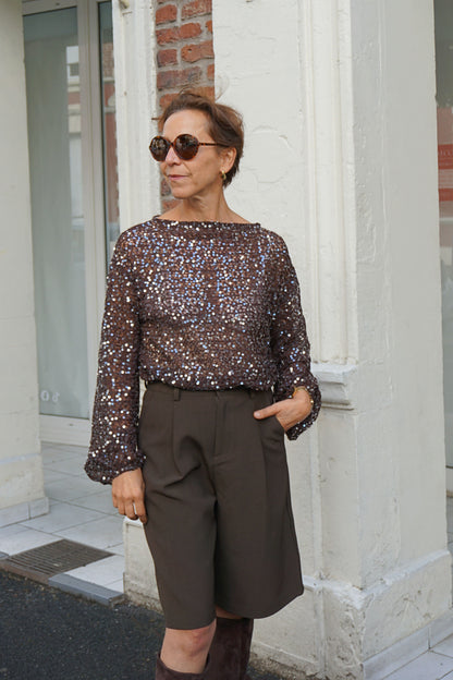 Top marron chocolat à sequins