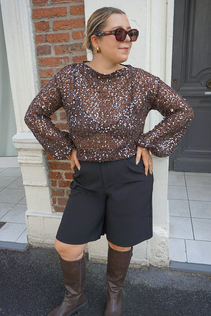 Top marron chocolat à sequins