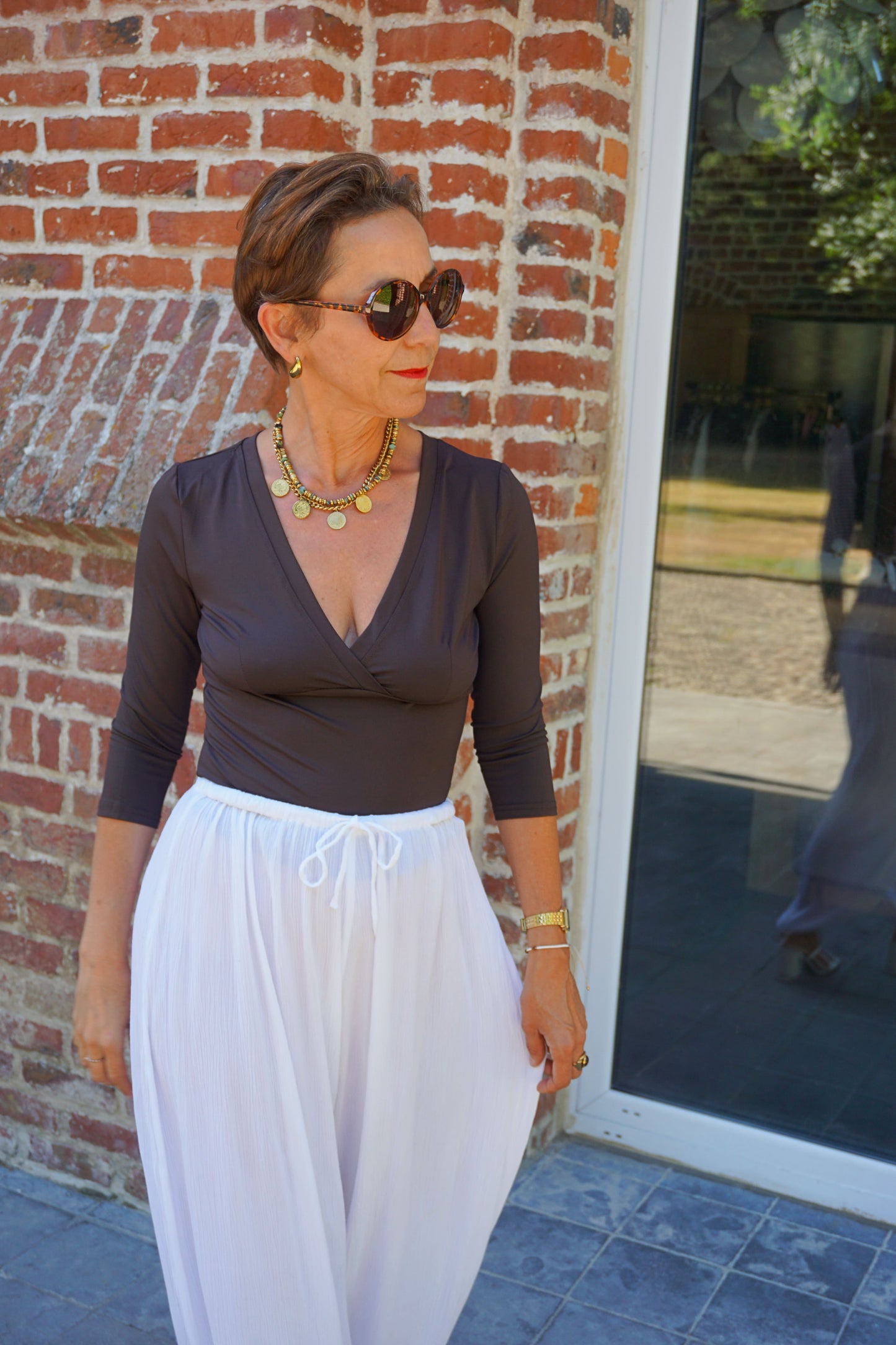 Top marron moulant manches 3/4