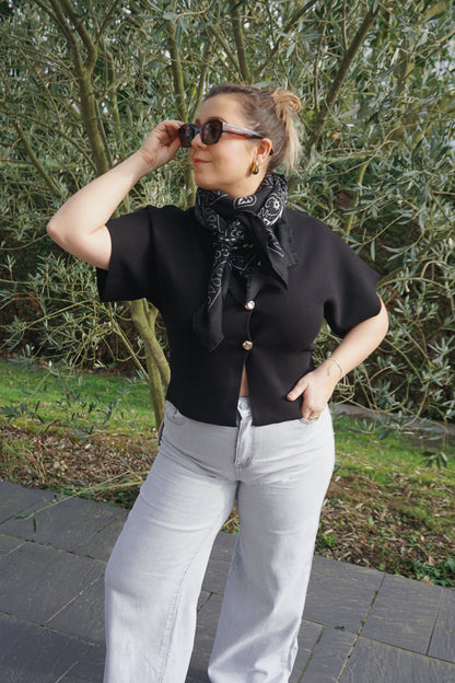 Top noir ouvert boutons dorés