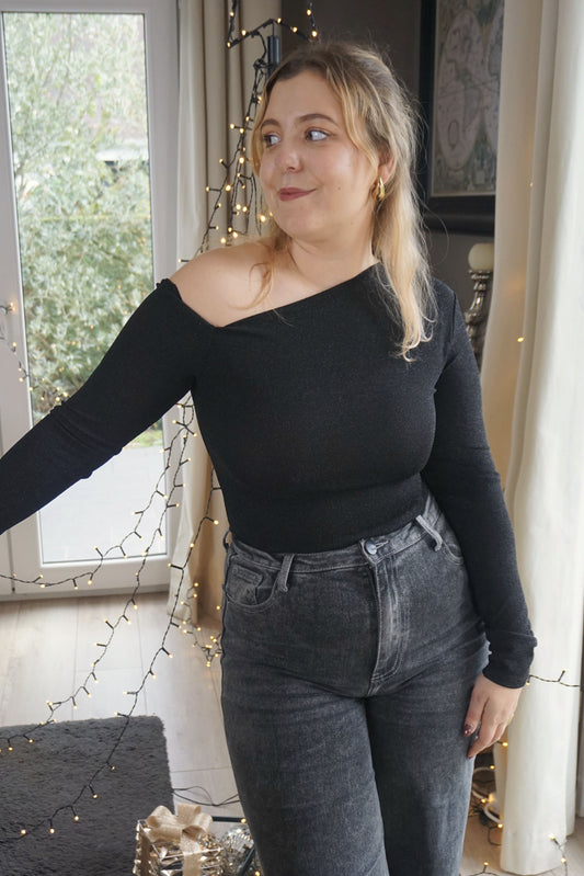 Top pailleté noir épaule dénudée