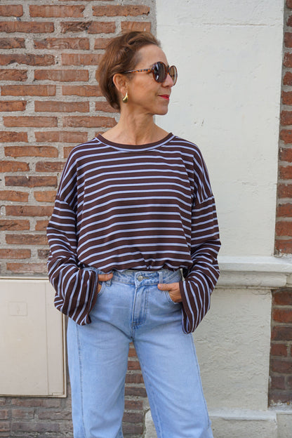 Top rayé marron et bleu