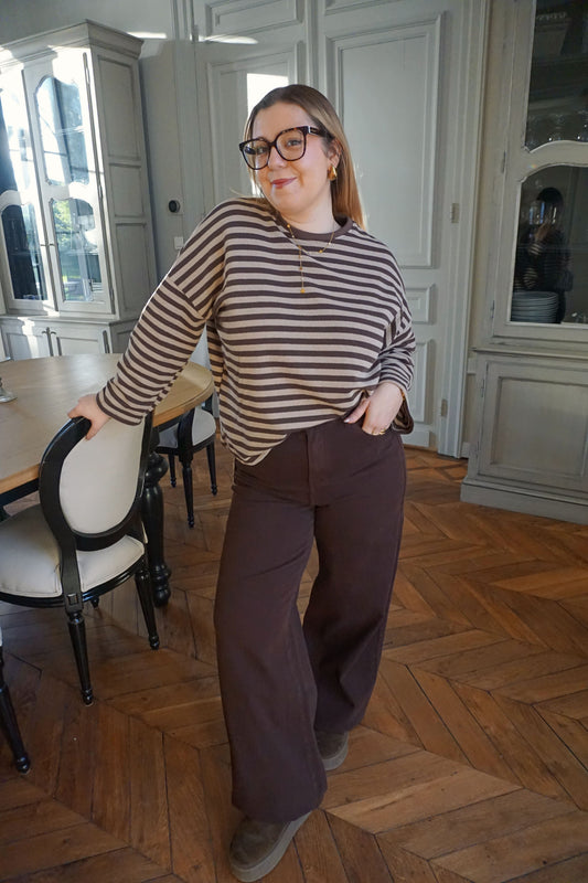 Top rayé marron et taupe