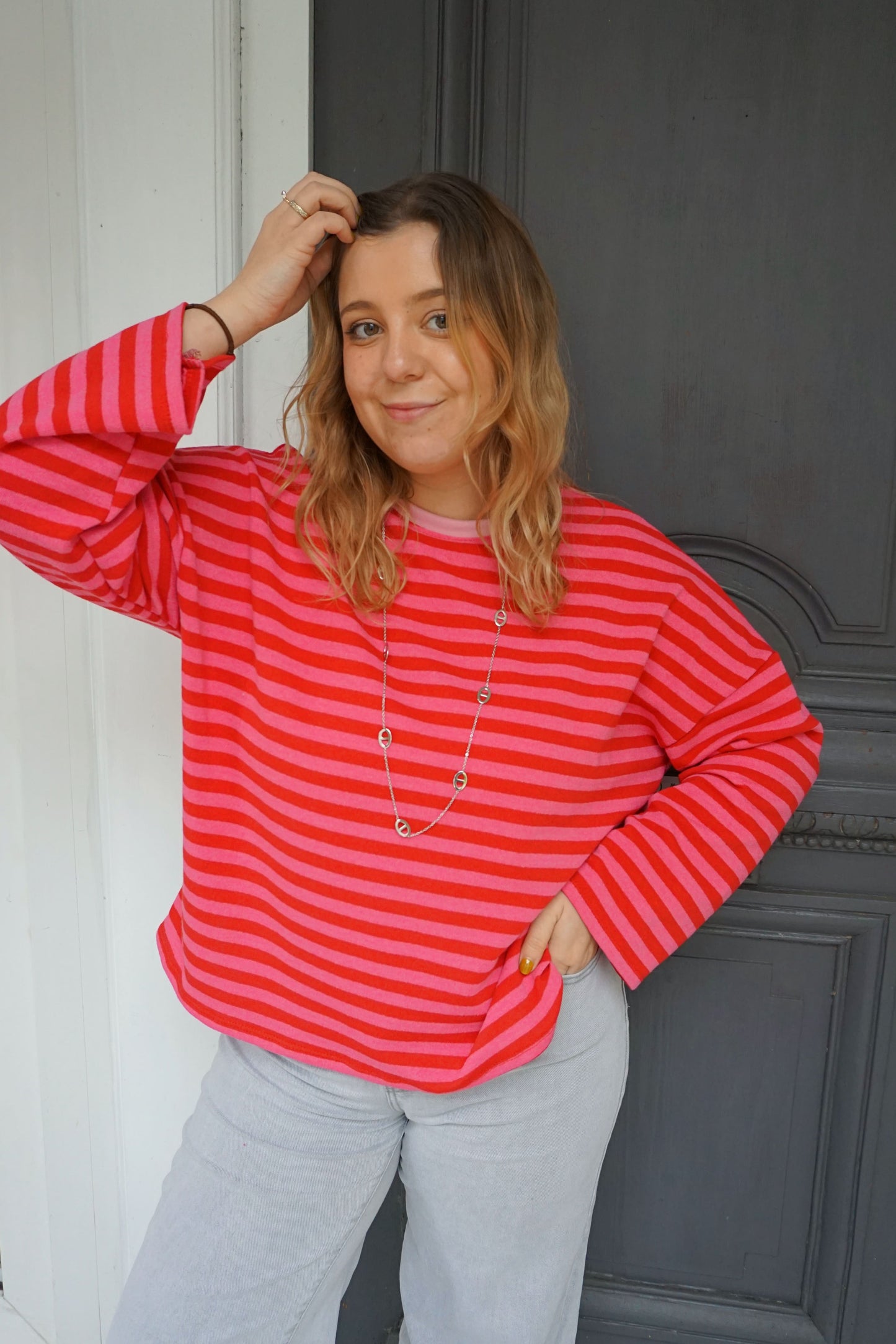 Top rayé rose et fuchsia