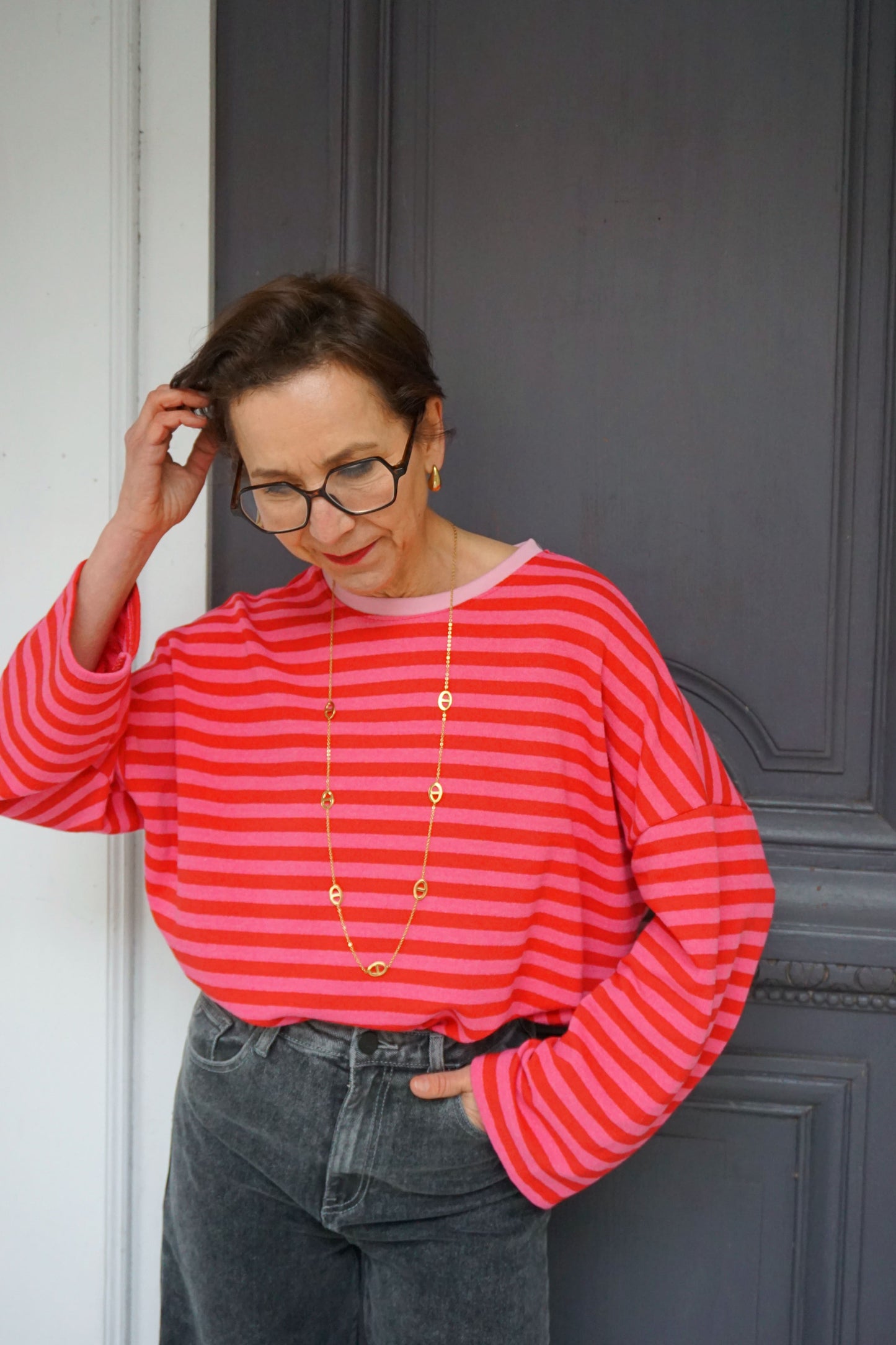 Top rayé rose et fuchsia