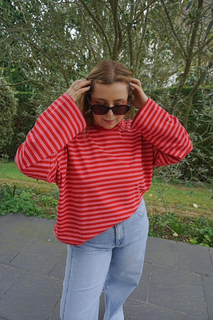 Top rayé rouge rose
