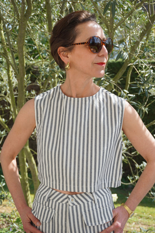 Top rayé bleu gris coton