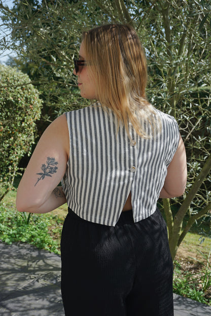 Top rayé bleu gris coton