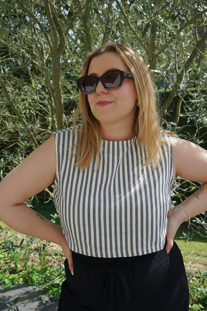 Top rayé bleu gris coton