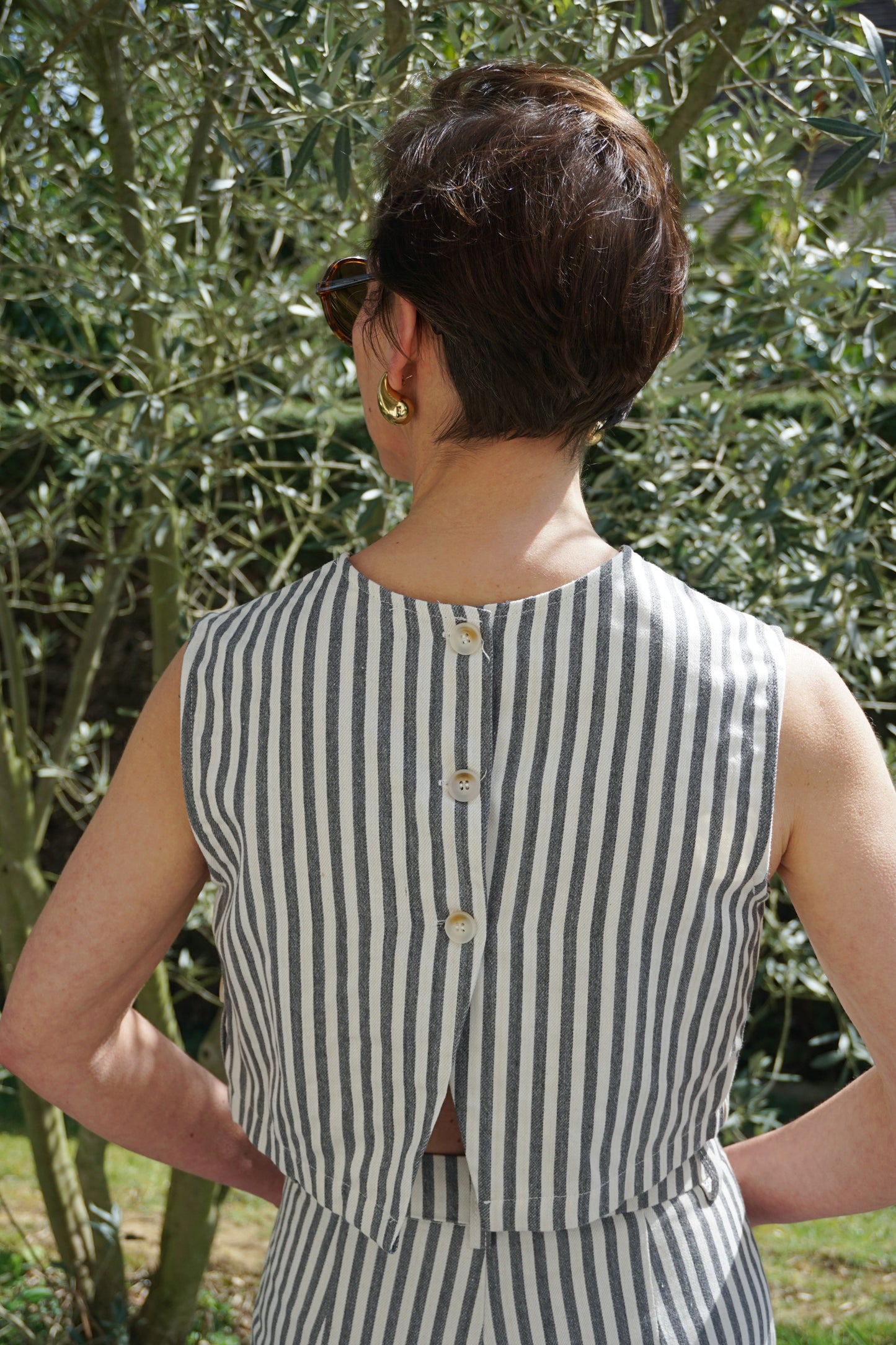 Top rayé bleu gris coton