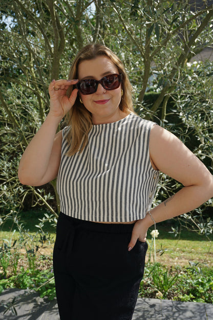 Top rayé bleu gris coton