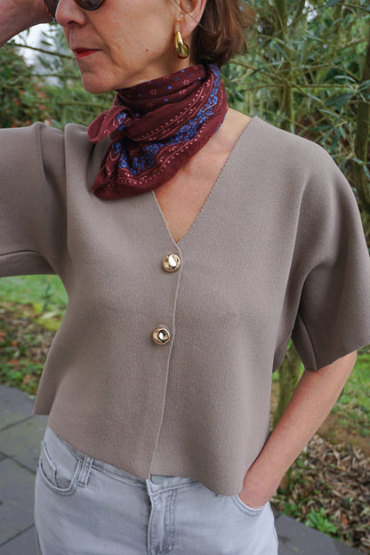 Top taupe ouvert boutons dorés