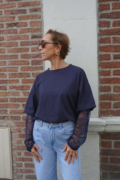 Top tee-shirt dentelle bleu marine